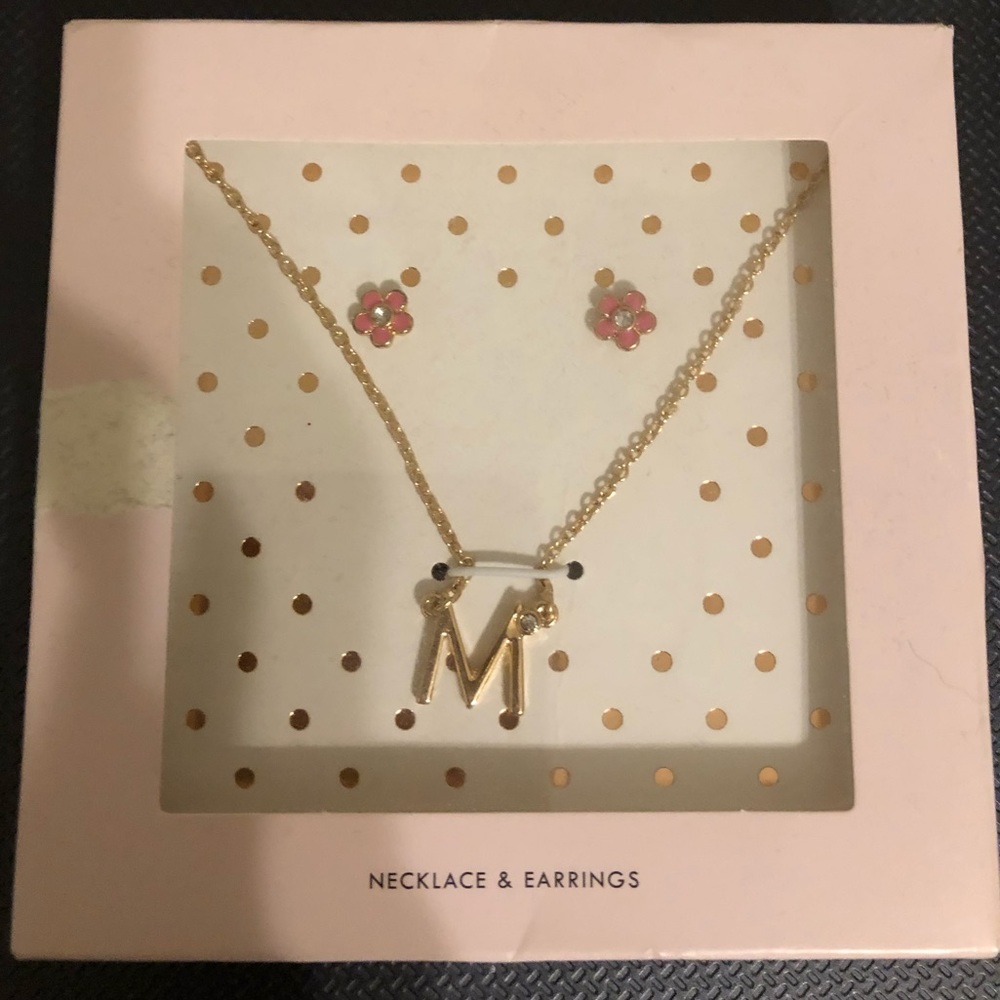 Letter M Charm Necklace Earrings Jewelry Set NEW